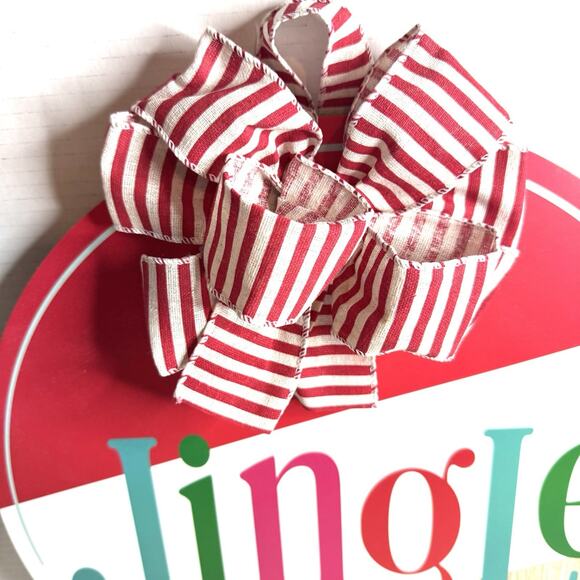 Red And White Jingle Holiday Floral Bow Wooden Door Hanger Christmas Home Decor - Picture 3 of 4
